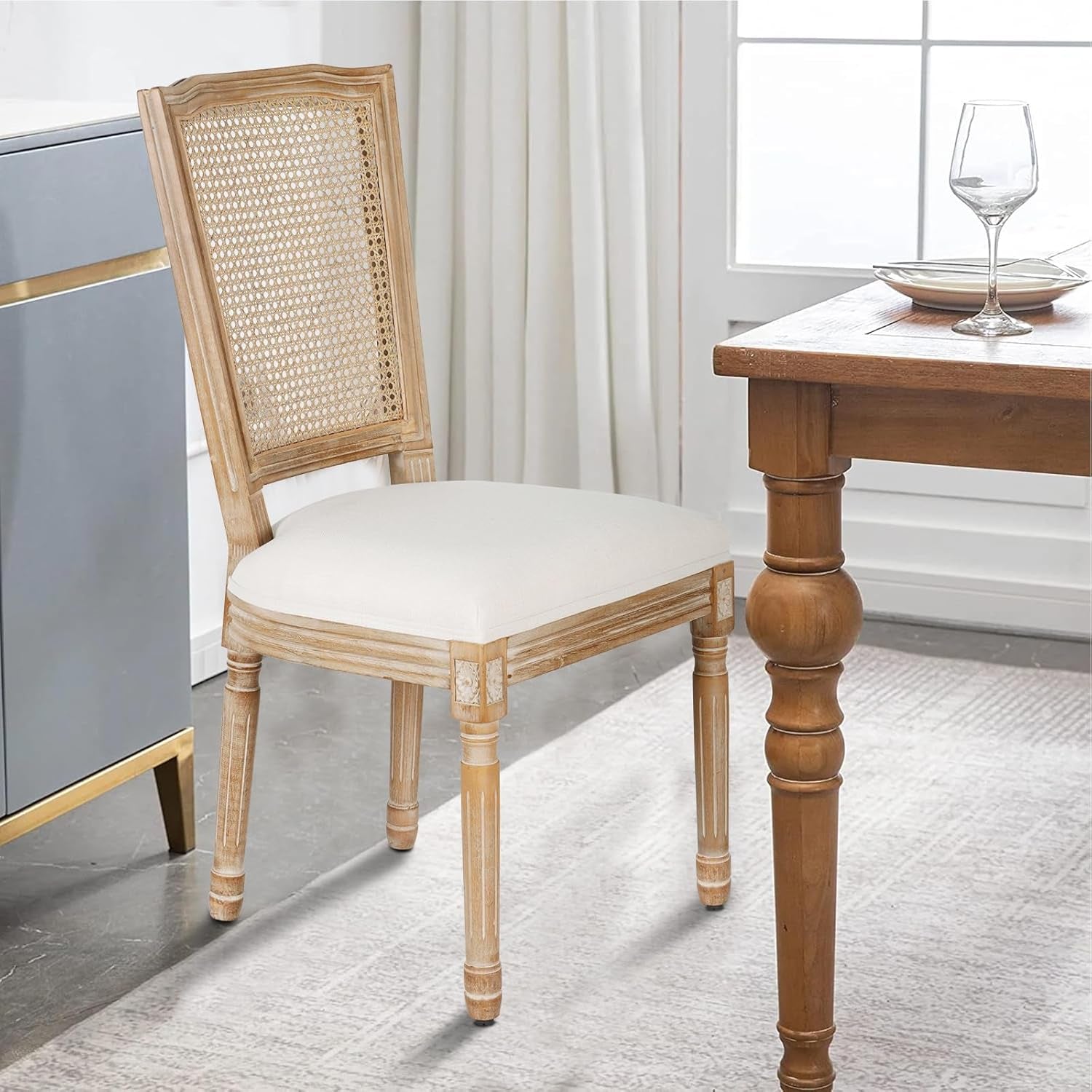 Beige Rattan Dining Chairs Set Of 2 With Solid Wood Legs