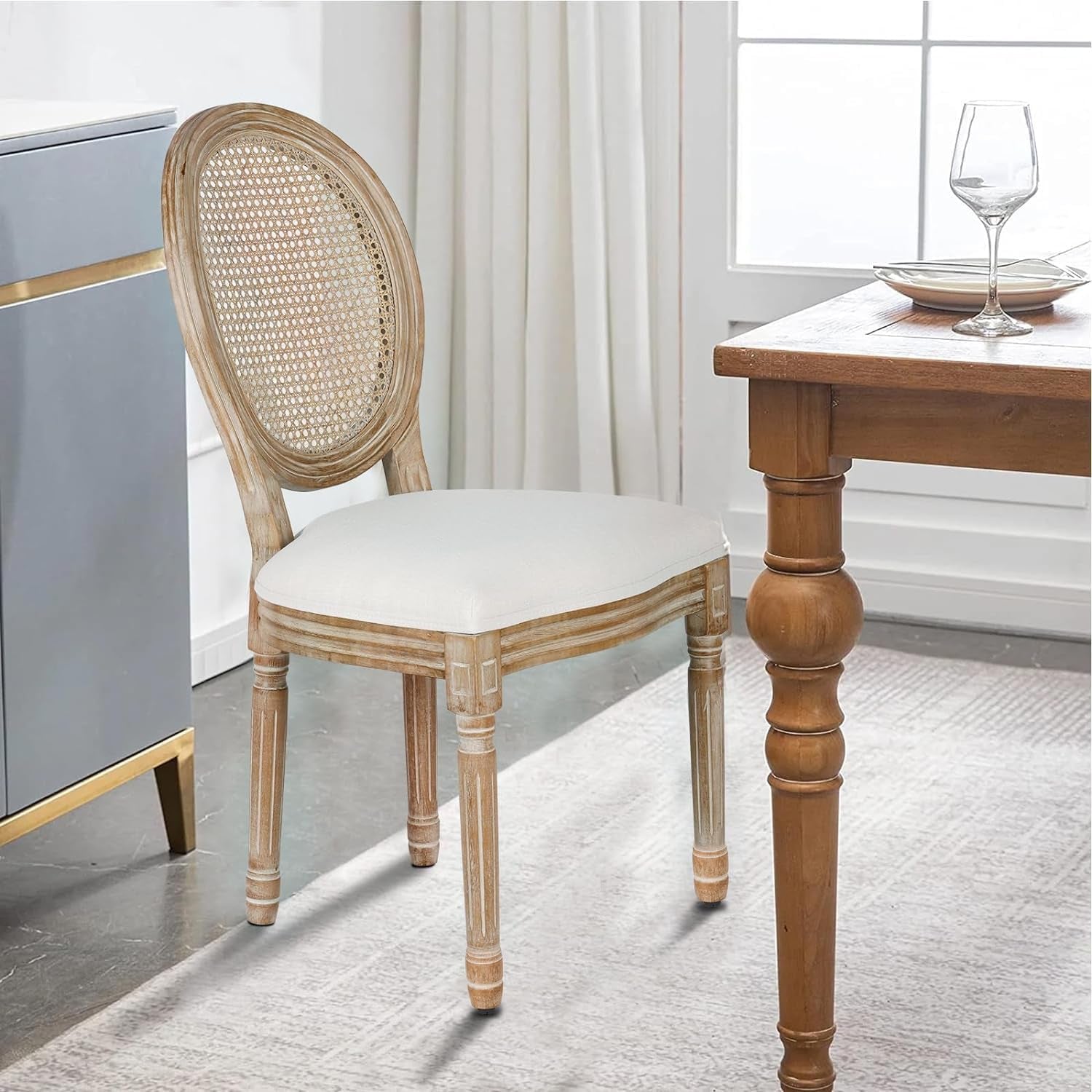 Beige Rattan Dining Chairs Set Of 2 With Solid Wood Legs