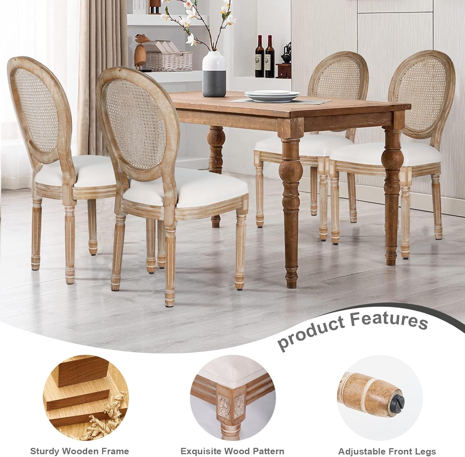 Beige Rattan Dining Chairs Set Of 2 With Solid Wood Legs