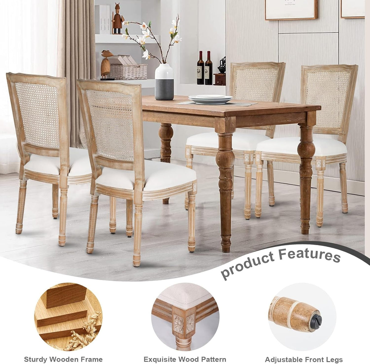 Beige Rattan Dining Chairs Set Of 2 With Solid Wood Legs