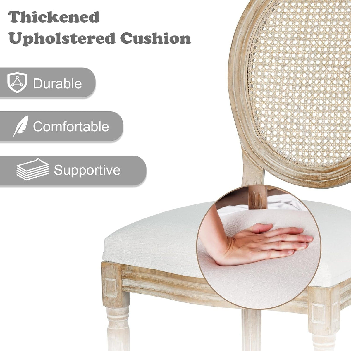 Beige Rattan Dining Chairs Set Of 2 With Solid Wood Legs
