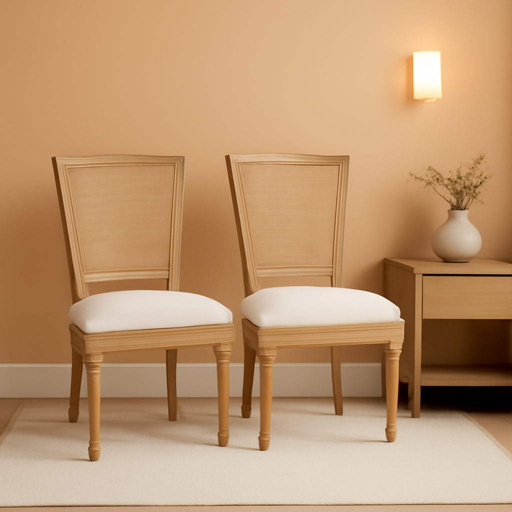 Beige Rattan Dining Chairs Set Of 2 With Solid Wood Legs