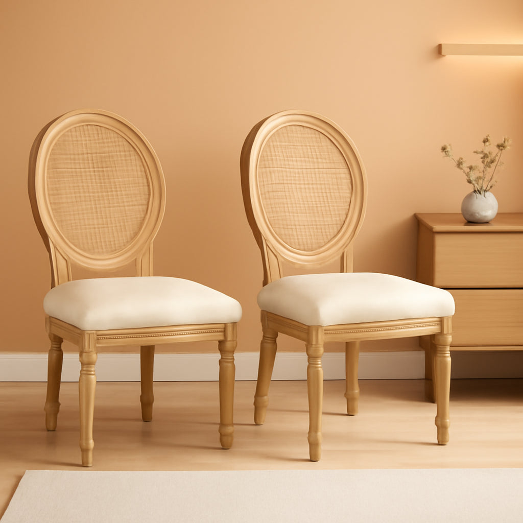 Beige Rattan Dining Chairs Set Of 2 With Solid Wood Legs