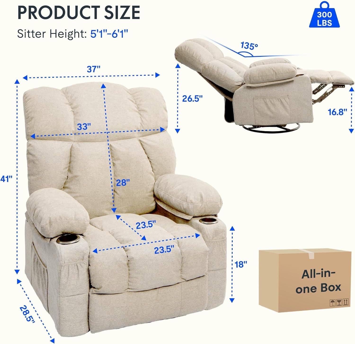 Beige Rocker Recliner Chair With Massage 360 Degree Swivel