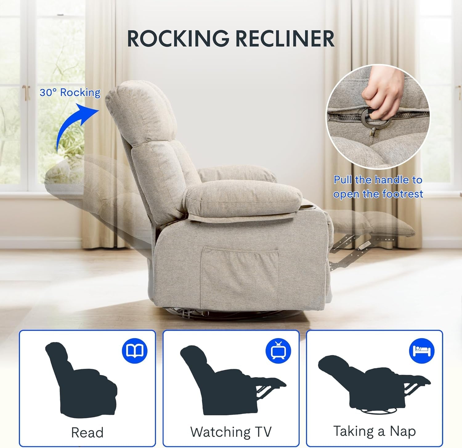 Beige Rocker Recliner Chair With Massage 360 Degree Swivel