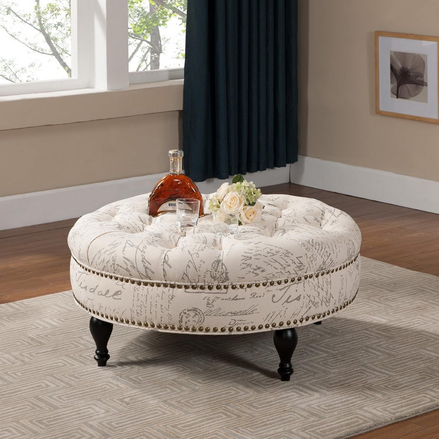 Beige Script Print Tufted Upholstered Ottoman Contour