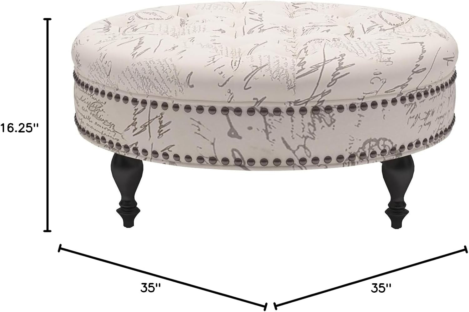 Beige Script Print Tufted Upholstered Ottoman Contour