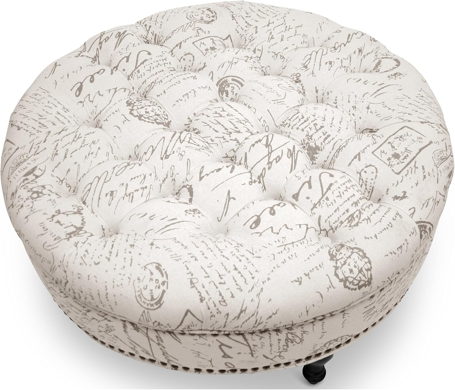 Beige Script Print Tufted Upholstered Ottoman Contour
