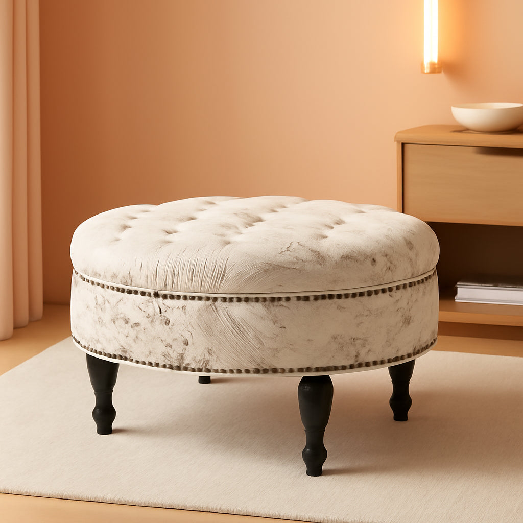 Beige Script Print Tufted Upholstered Ottoman Contour