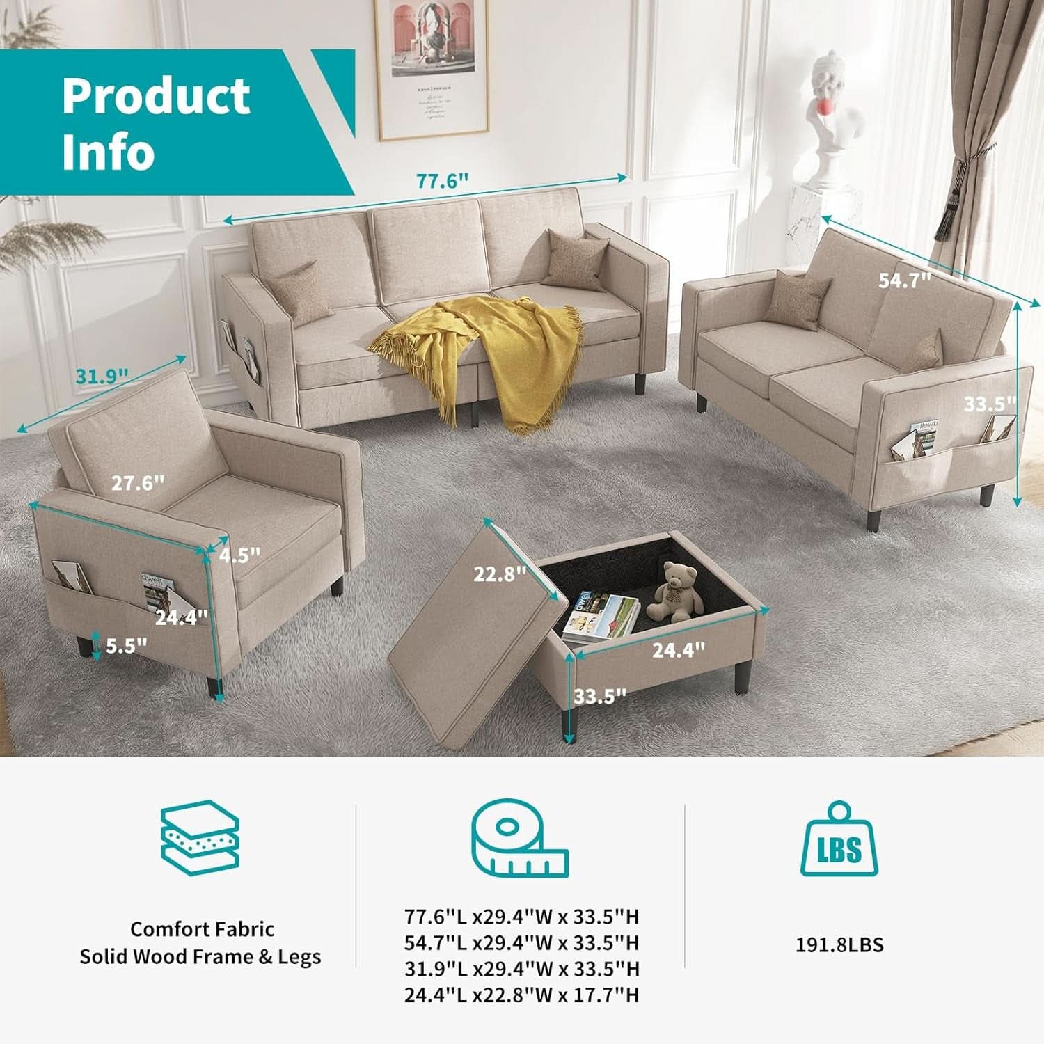 Beige Sectional Sofa Set With Movable Storage Ottoman