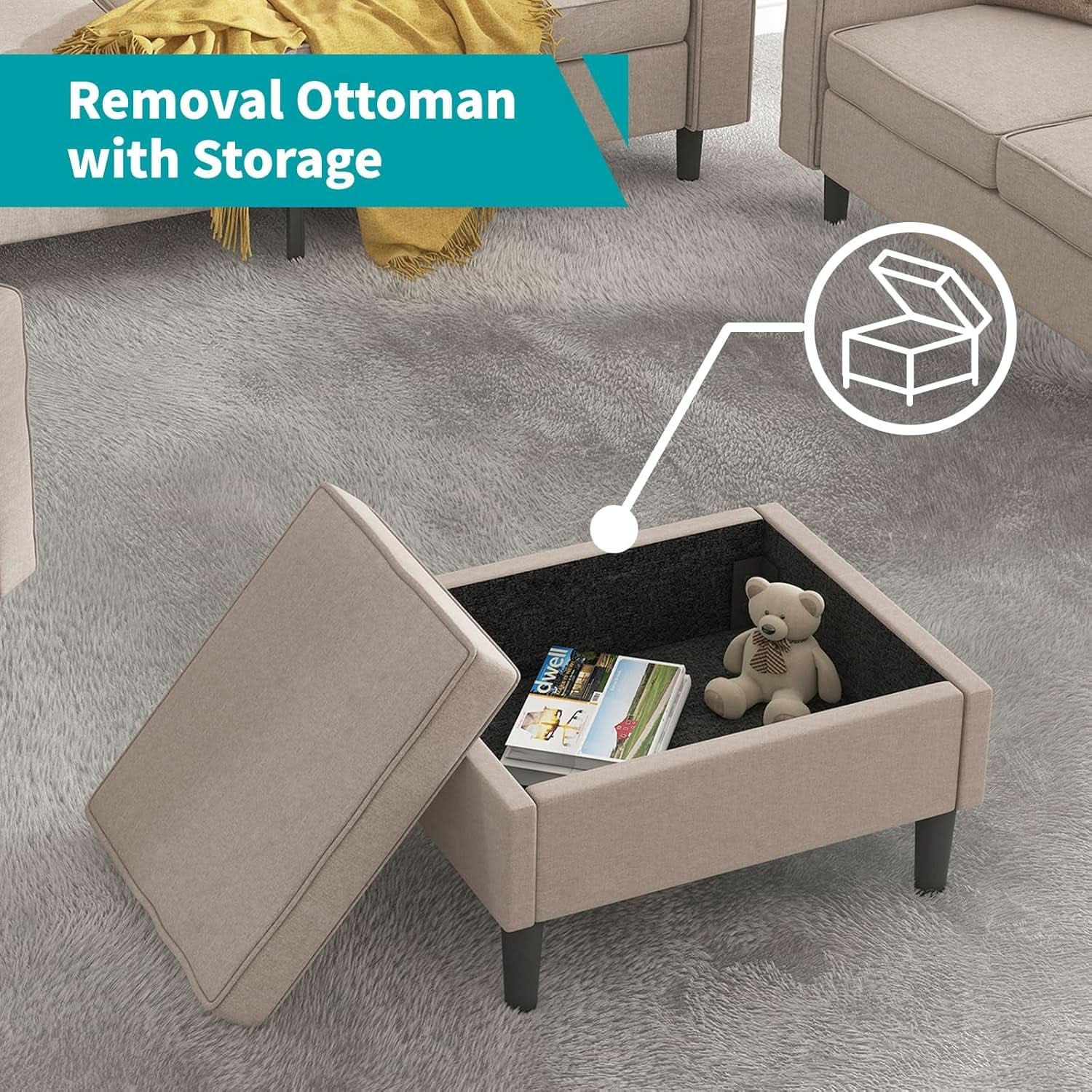 Beige Sectional Sofa Set With Movable Storage Ottoman