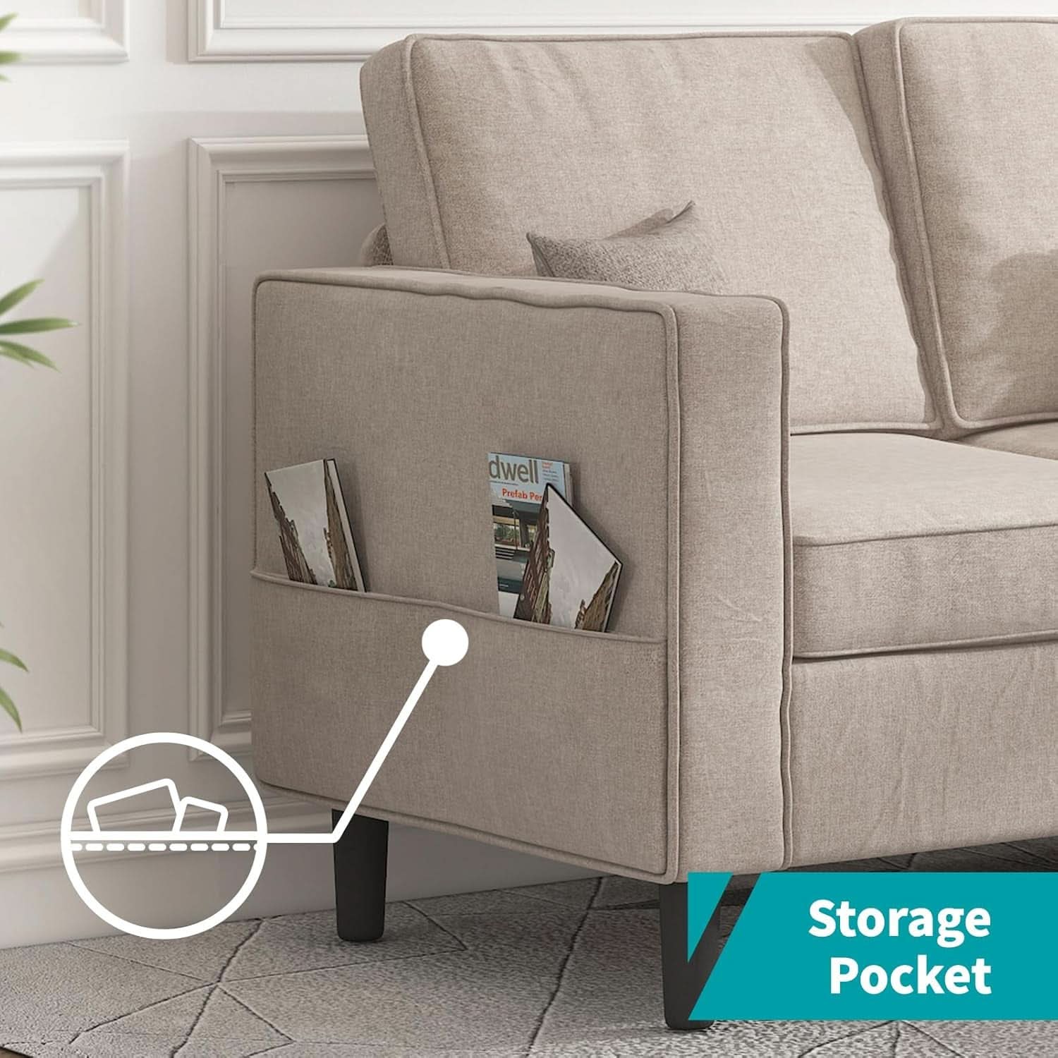 Beige Sectional Sofa Set With Movable Storage Ottoman