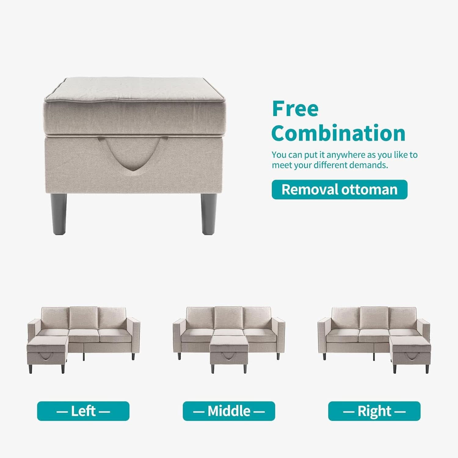 Beige Sectional Sofa Set With Movable Storage Ottoman
