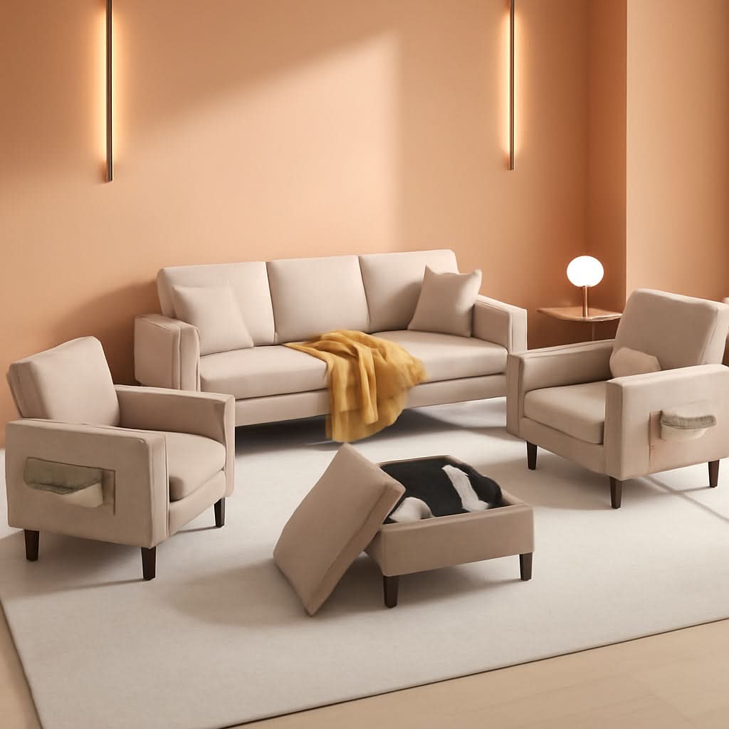 Beige Sectional Sofa Set With Movable Storage Ottoman
