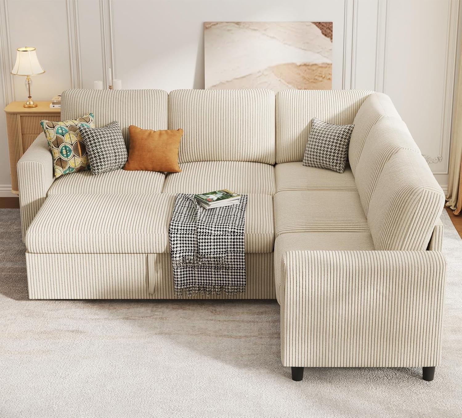Beige Sleeper Sofa Bed L Shaped Modular Couch