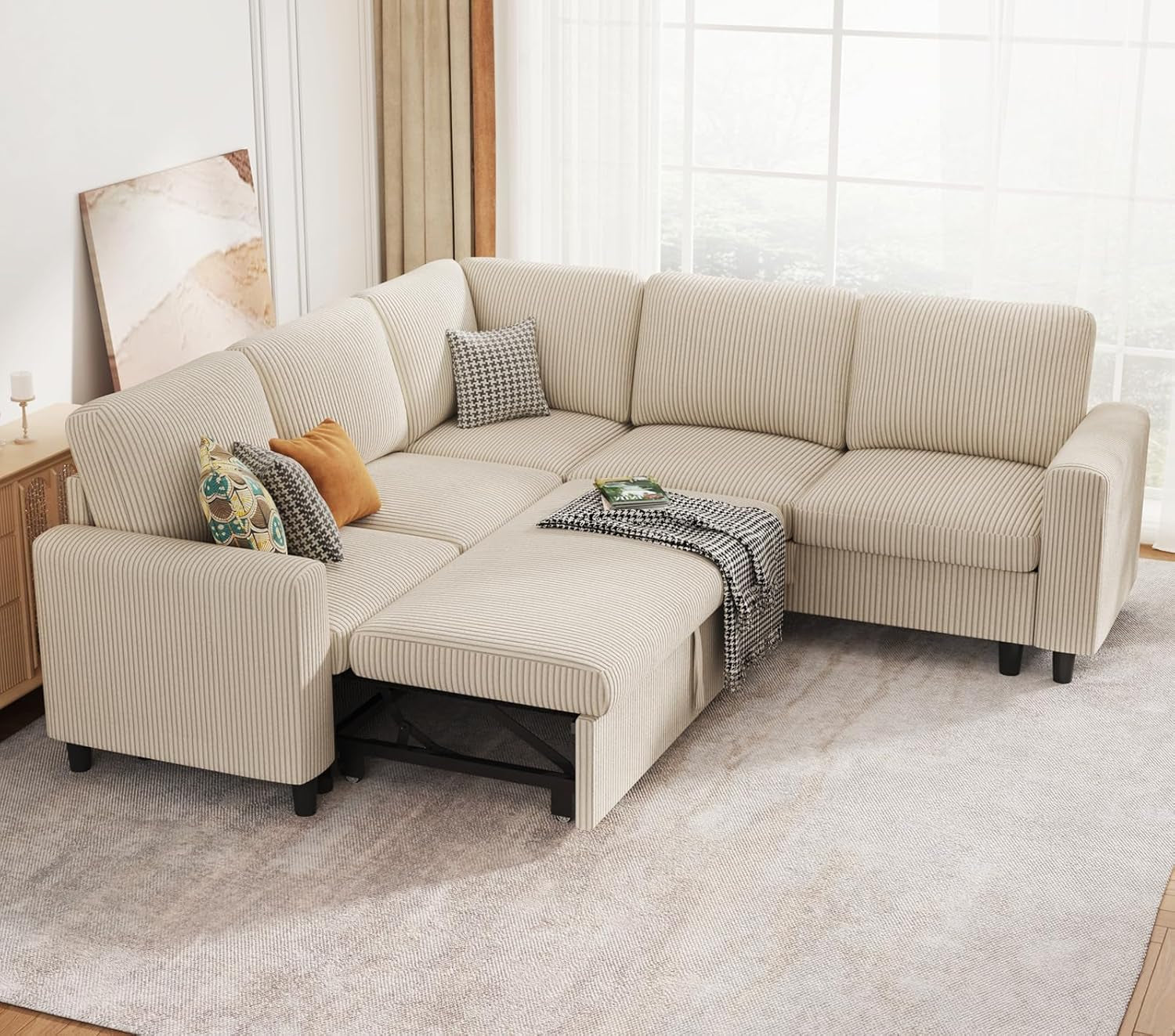 Beige Sleeper Sofa Bed L Shaped Modular Couch