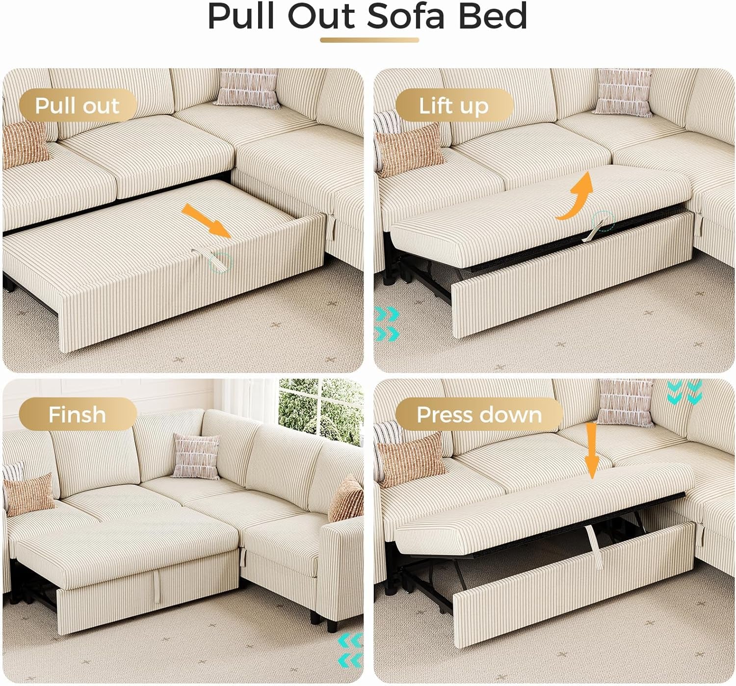 Beige Sleeper Sofa Bed L Shaped Modular Couch