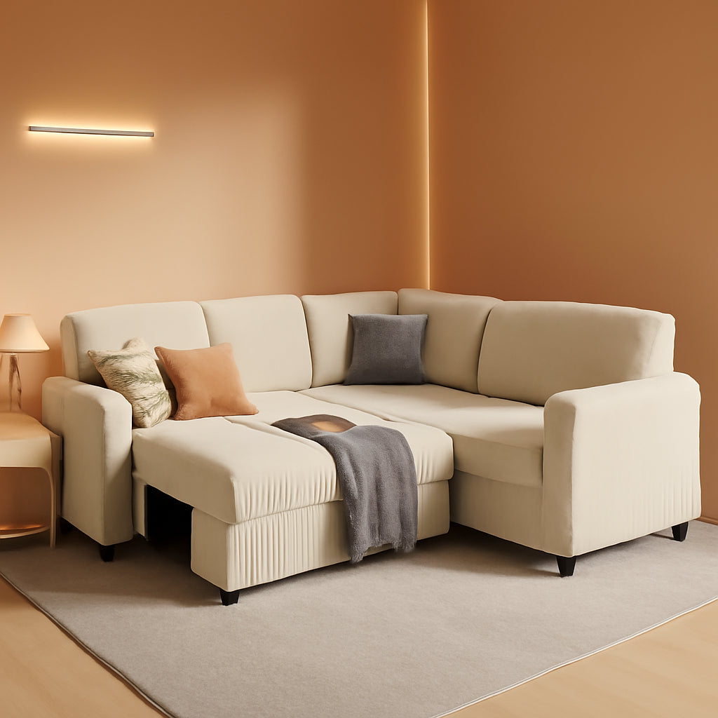 Beige Sleeper Sofa Bed L Shaped Modular Couch