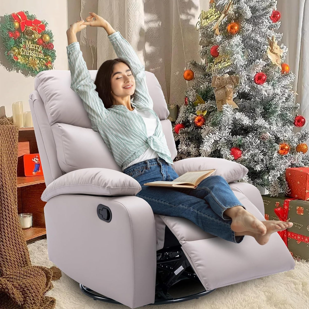 Beige Swivel Rocker Recliner Chair For Small Spaces
