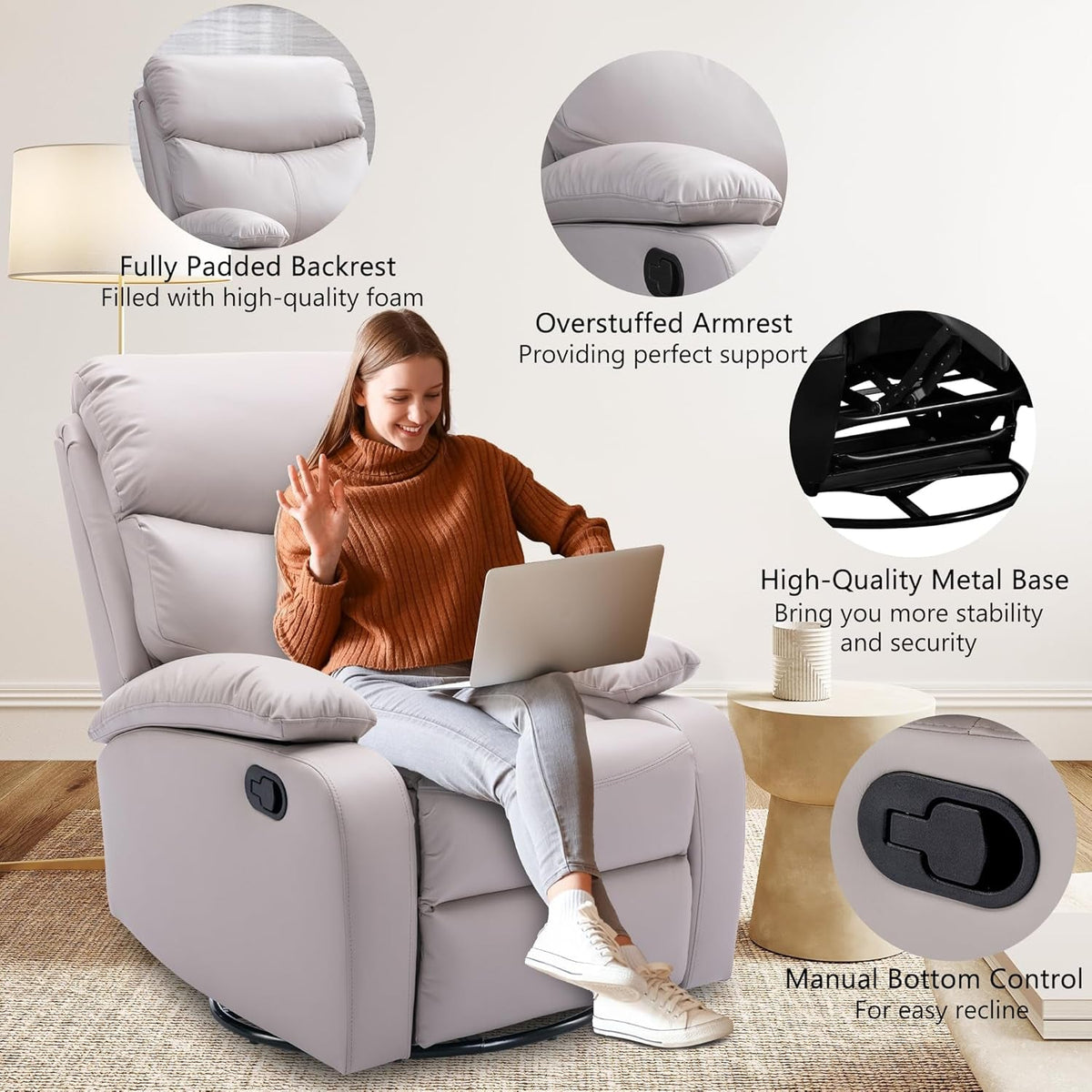 Beige Swivel Rocker Recliner Chair For Small Spaces