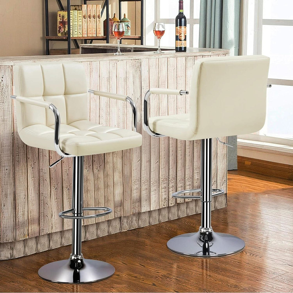Beige Tall Bar Stools Adjustable Swivel Set Of Two