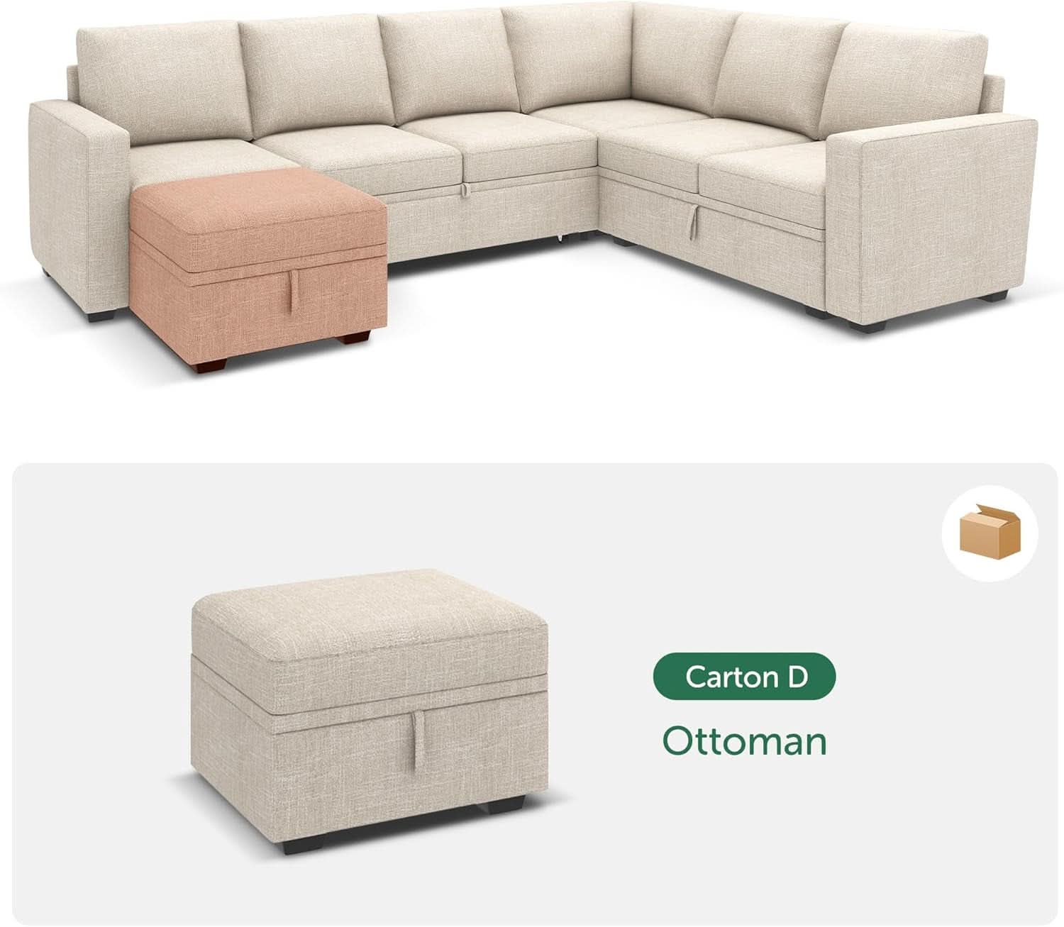 Beige Textured Storage Ottoman For Sectional Sleeper