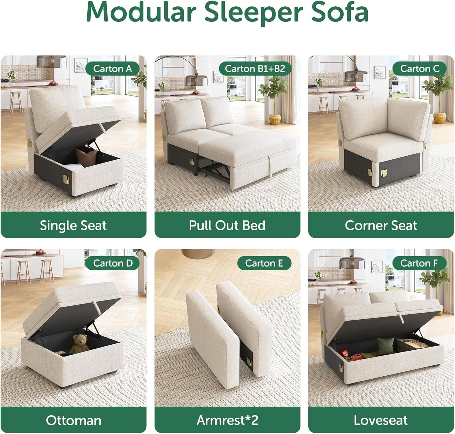 Beige Textured Storage Ottoman For Sectional Sleeper