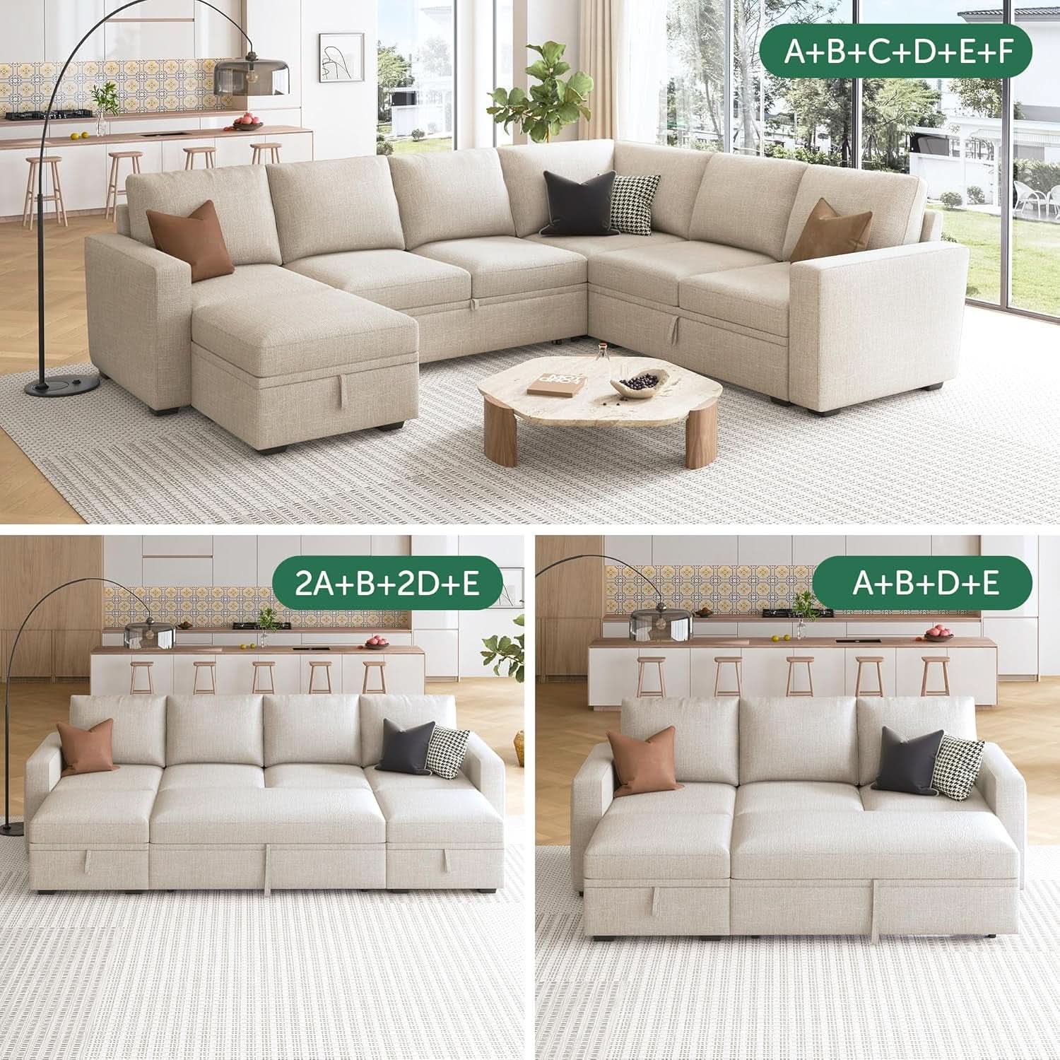 Beige Textured Storage Ottoman For Sectional Sleeper