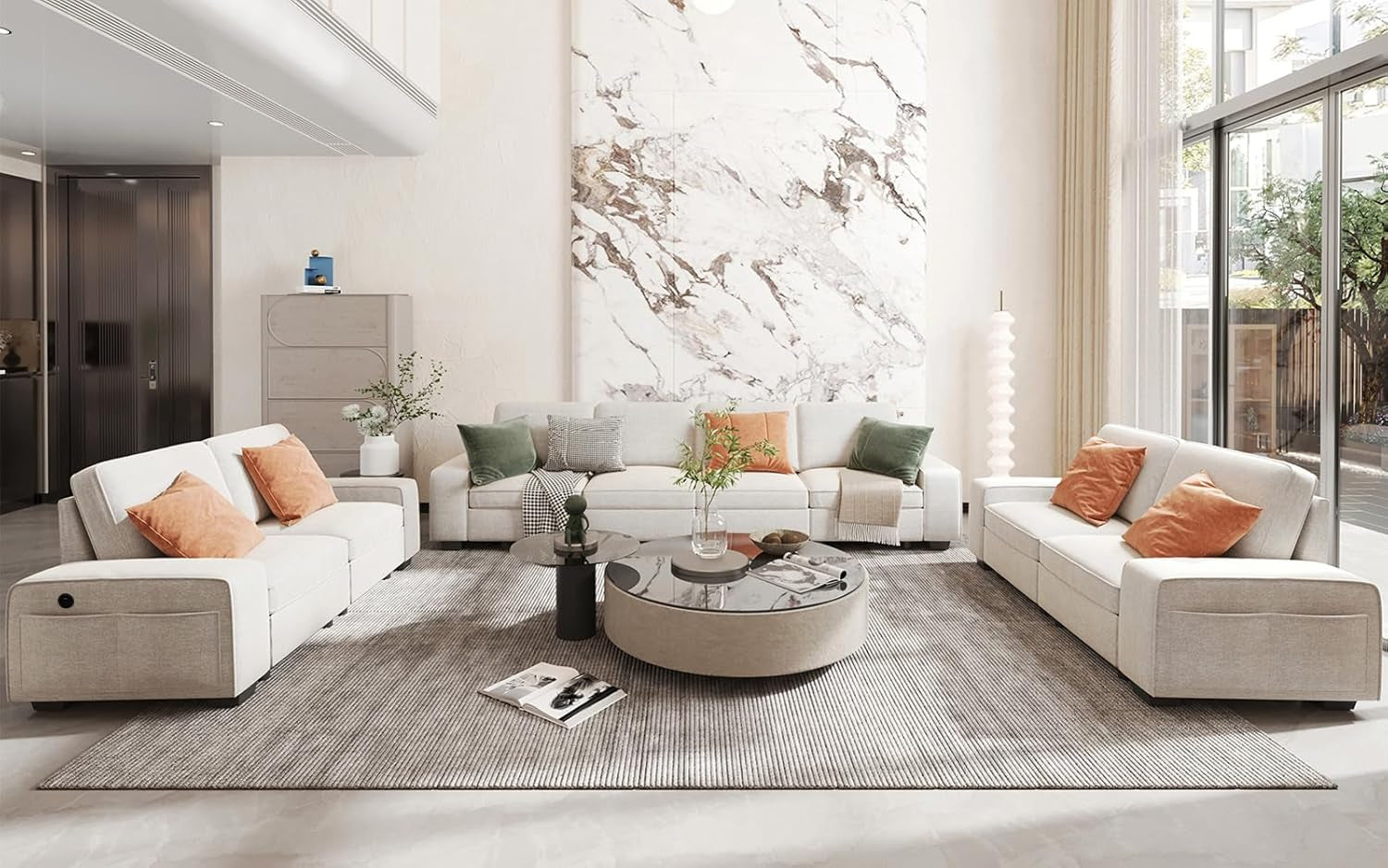 Beige U Shape Sectional Sofa With Large Storage Space