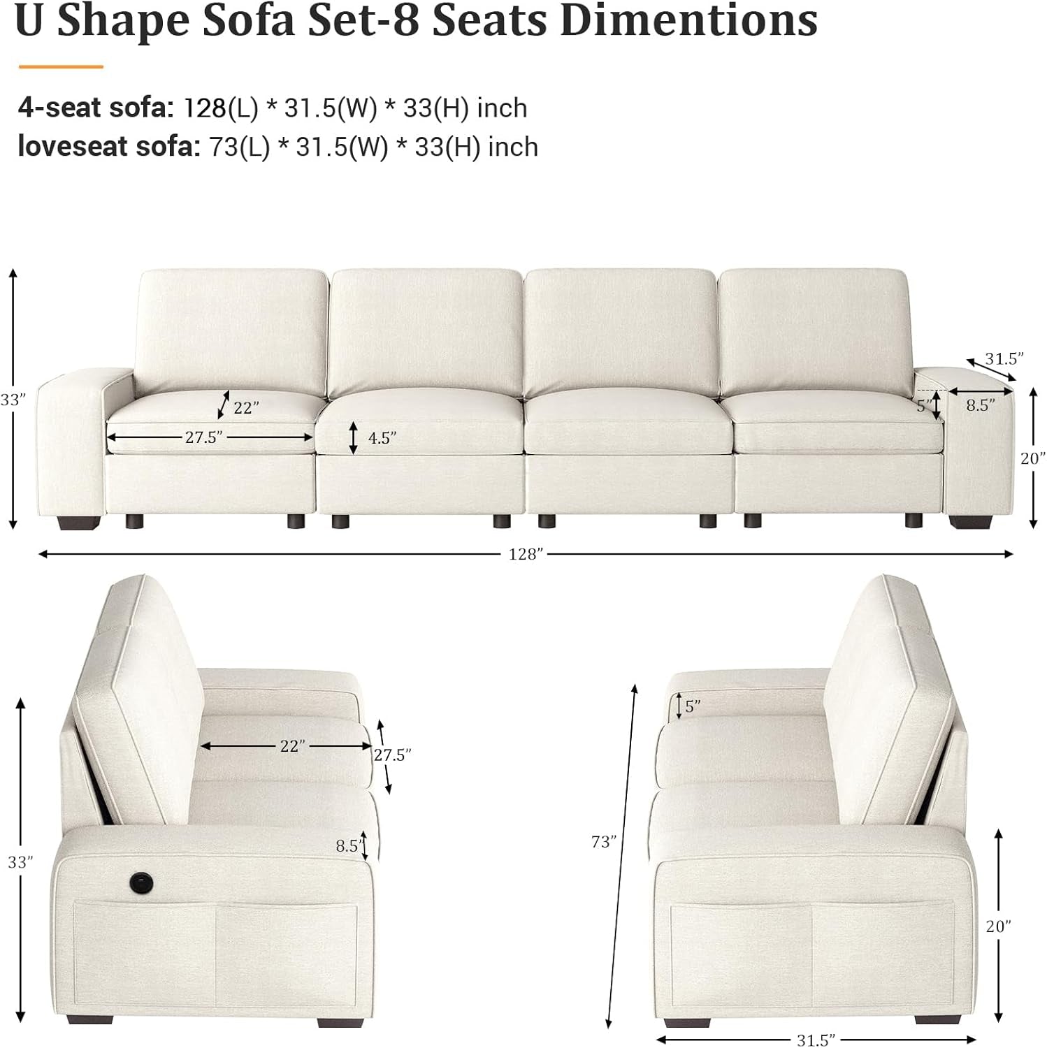 Beige U Shape Sectional Sofa With Large Storage Space