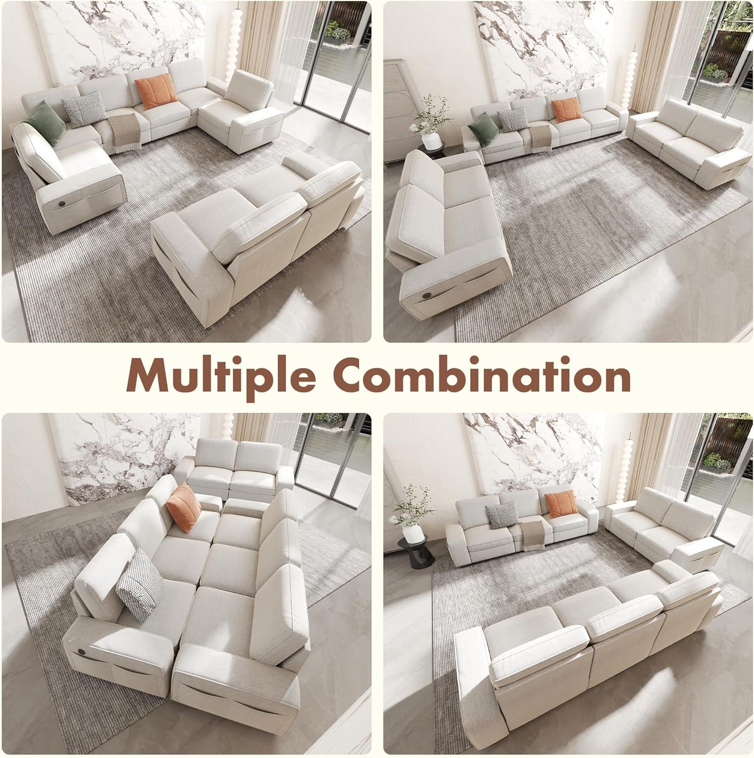 Beige U Shape Sectional Sofa With Large Storage Space