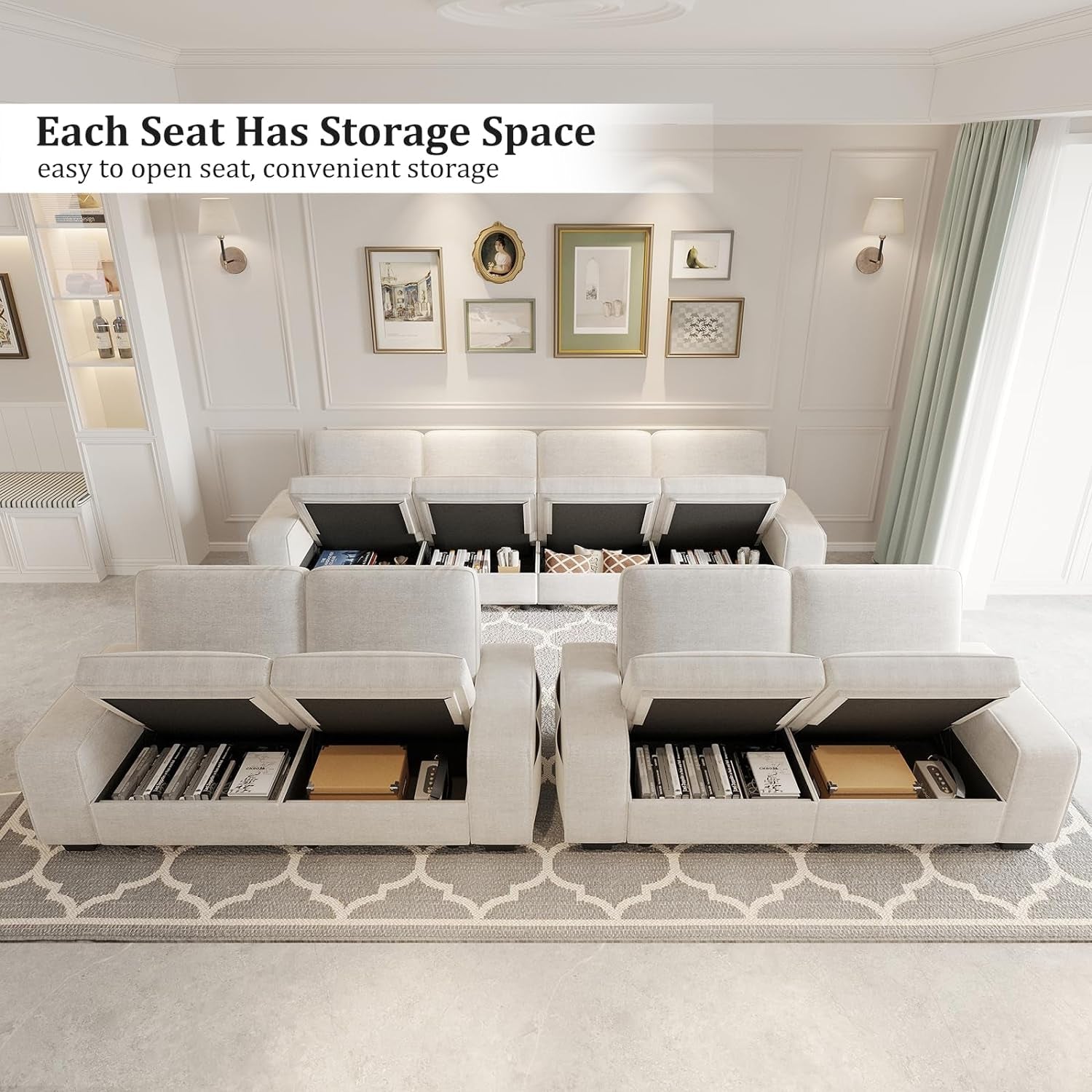 Beige U Shape Sectional Sofa With Large Storage Space