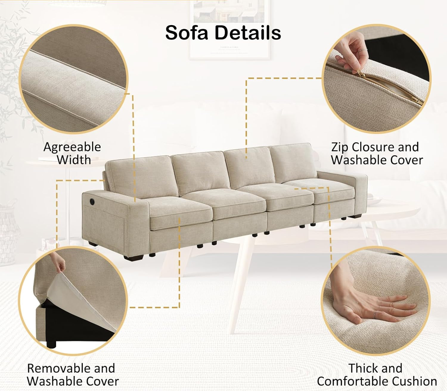 Beige U Shape Sectional Sofa With Large Storage Space