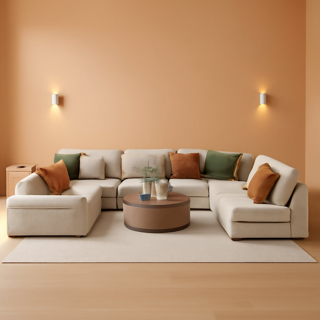 Beige U Shape Sectional Sofa With Large Storage Space