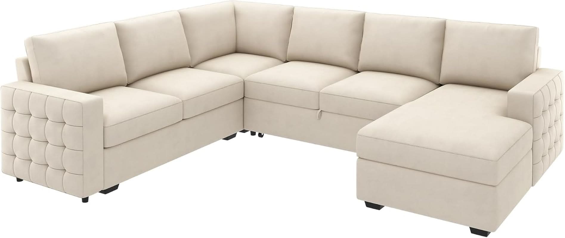 Beige U Shaped Sectional Sleeper Sofa With Storage Chaise