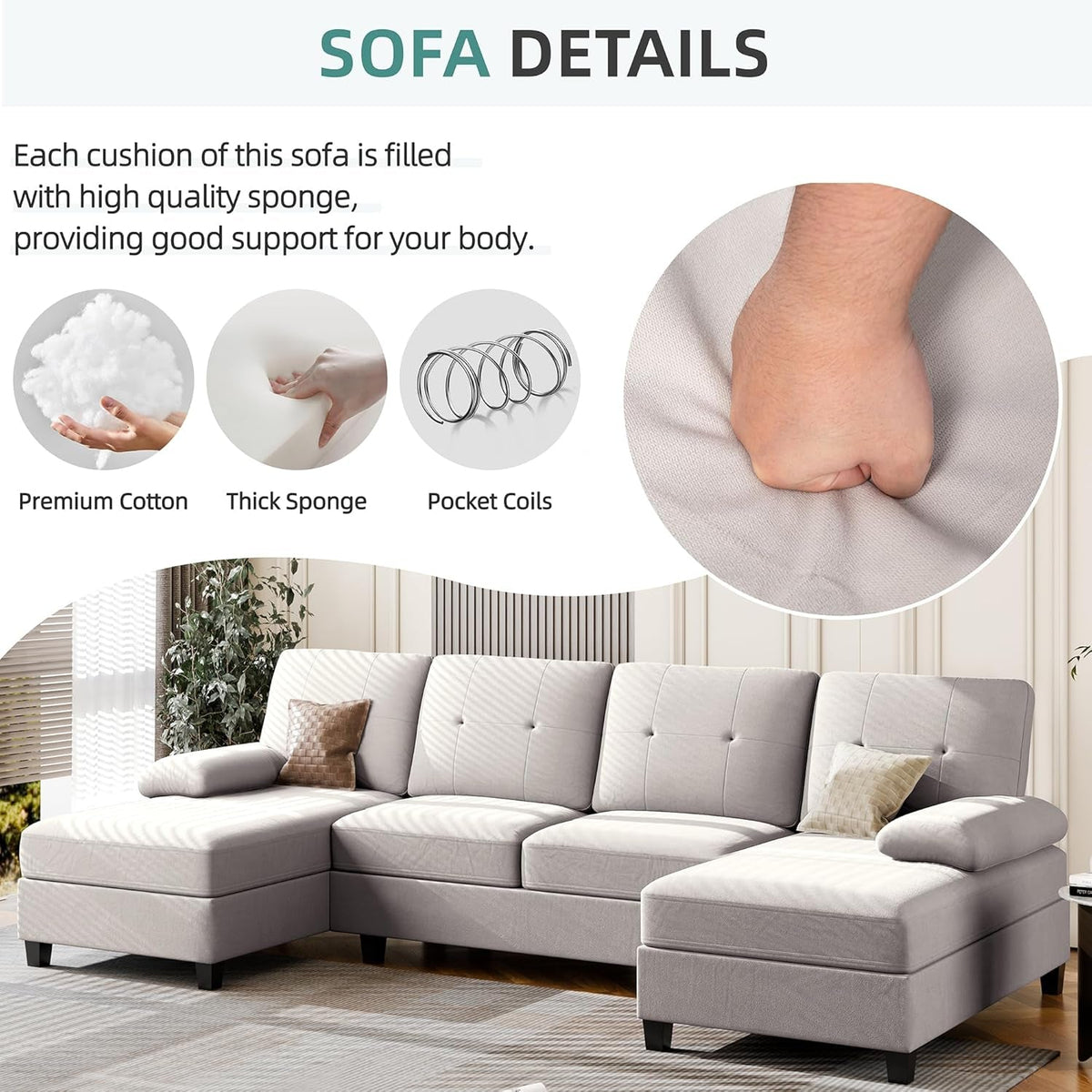 Beige U Shaped Sectional Sofa With Chaise 4 Seat Living Room Set