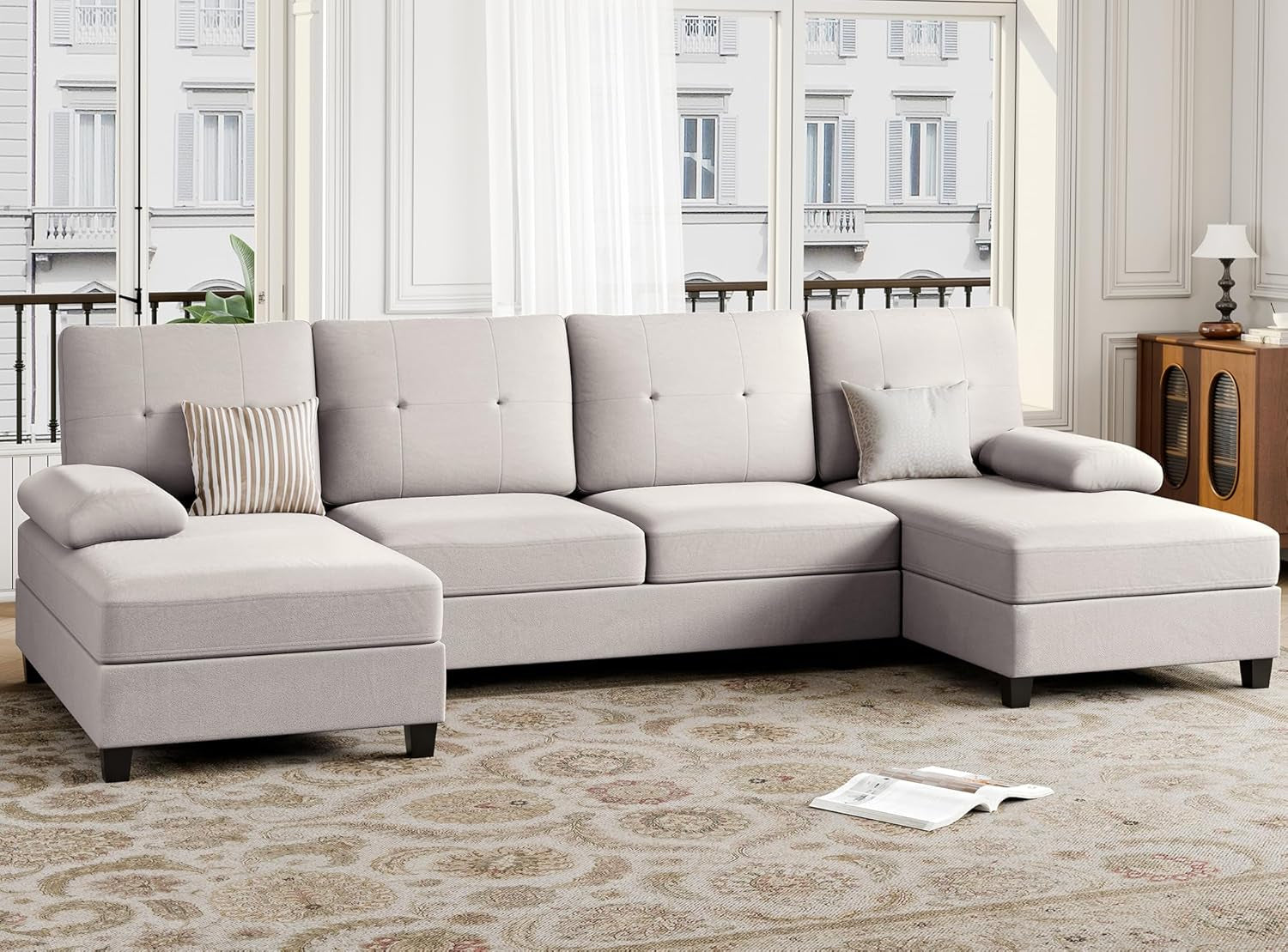 Beige U Shaped Sectional Sofa With Chaise 4 Seat Living Room Set