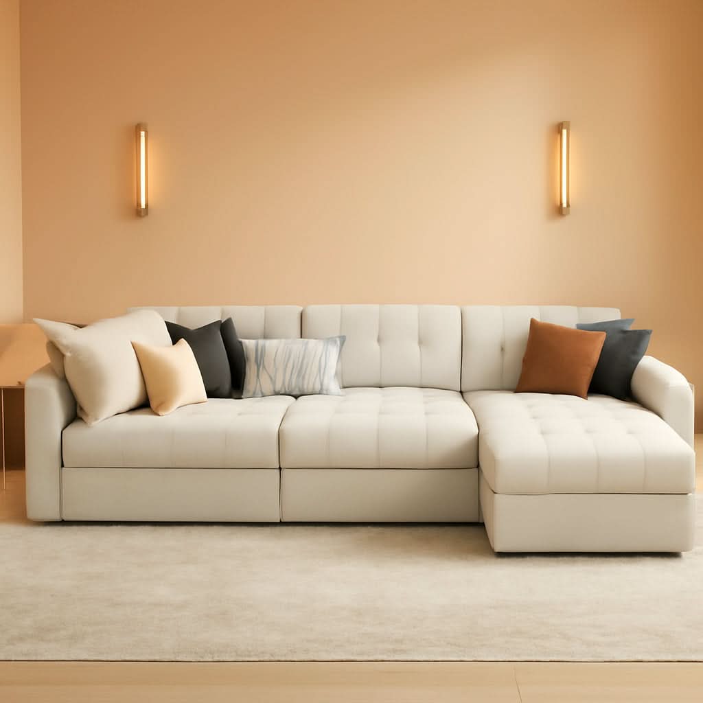 Beige U Shaped Sleeper Sofa Bed with Storage