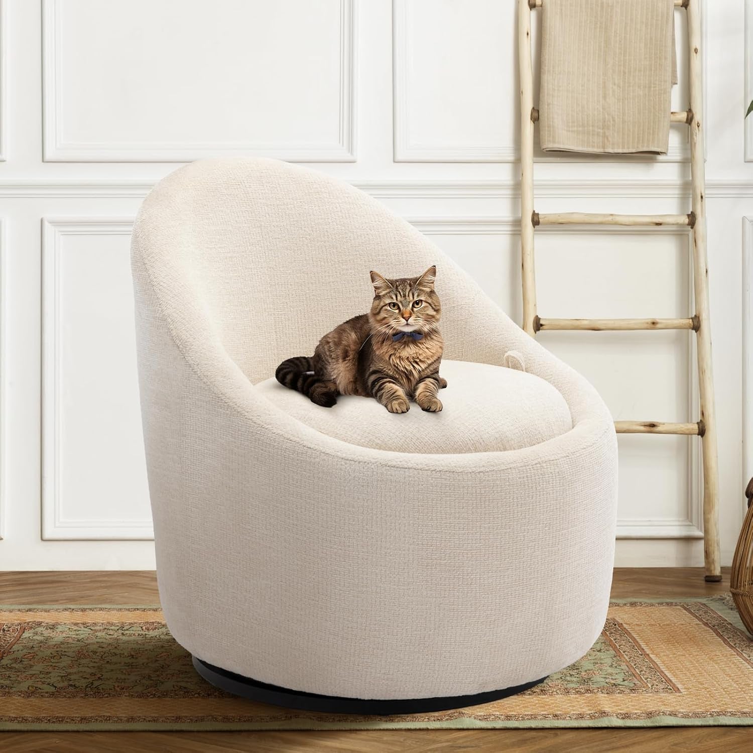 Beige Upholstered 360 Swivel Accent Armchair Storage