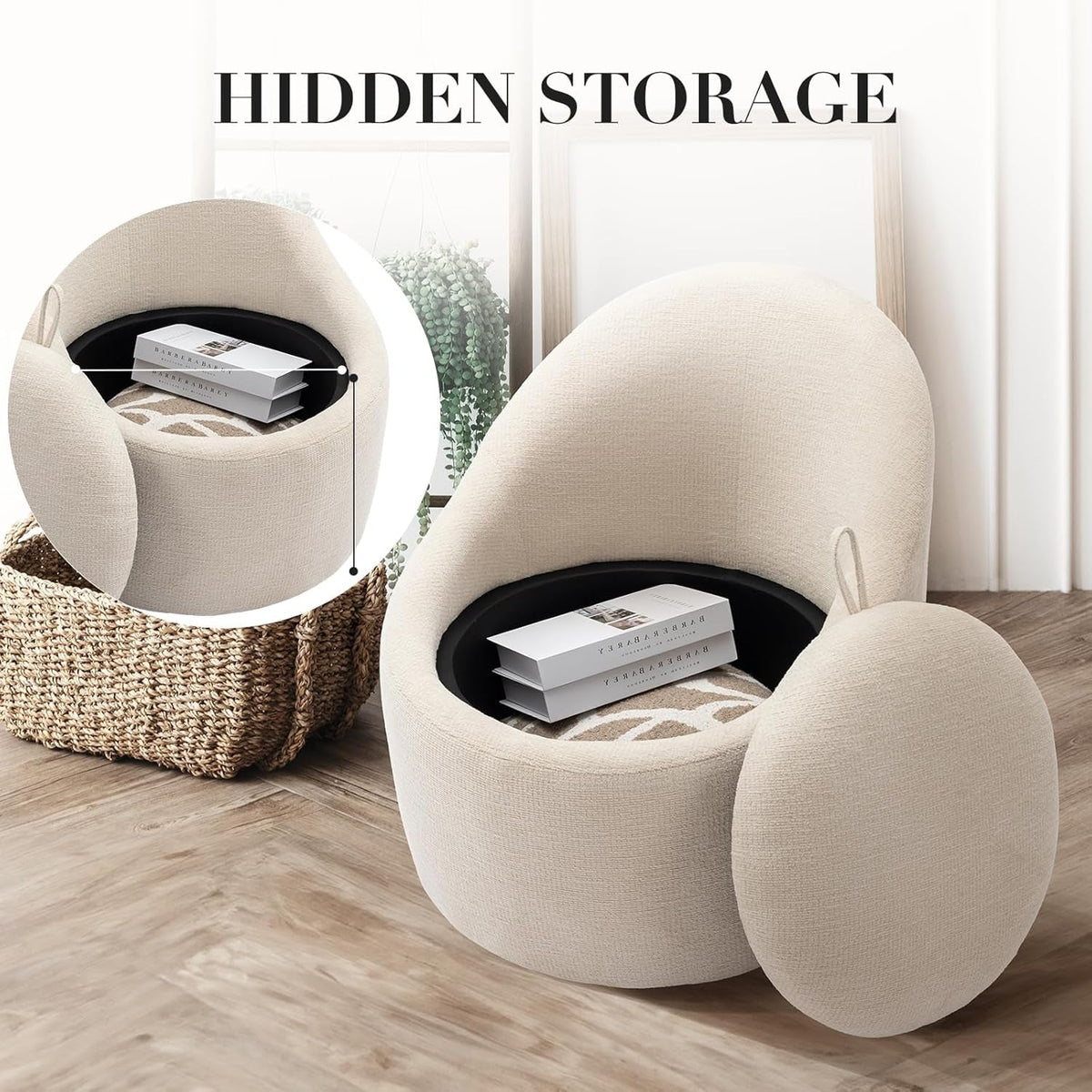 Beige Upholstered 360 Swivel Accent Armchair Storage