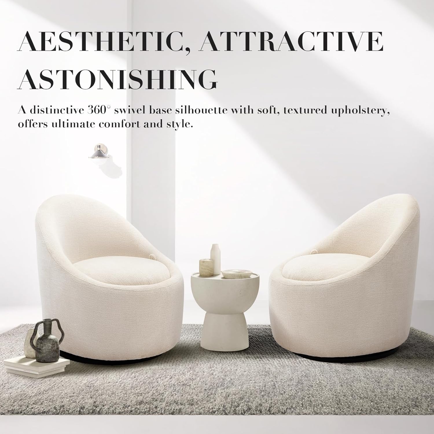 Beige Upholstered 360 Swivel Accent Armchair Storage