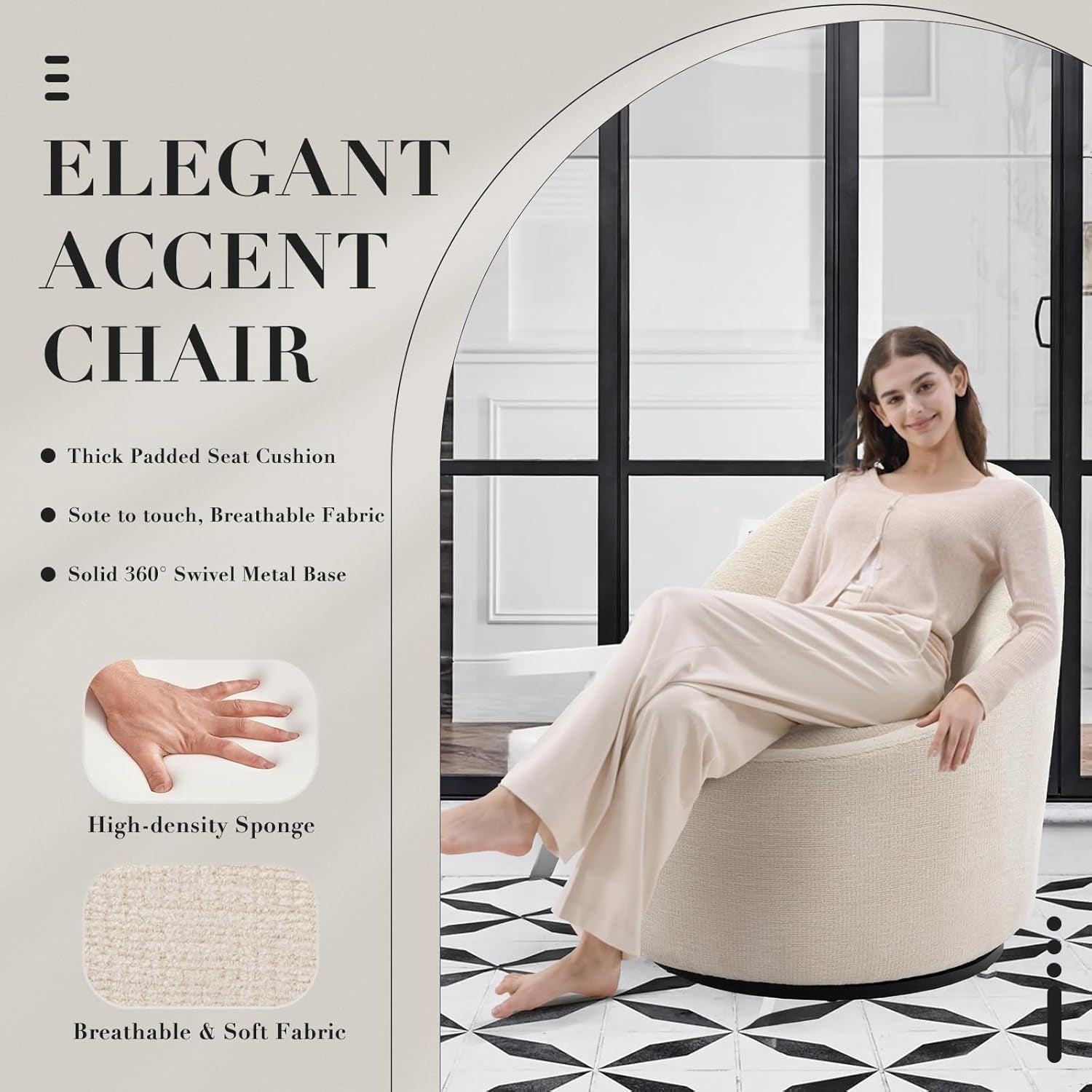 Beige Upholstered 360 Swivel Accent Armchair Storage
