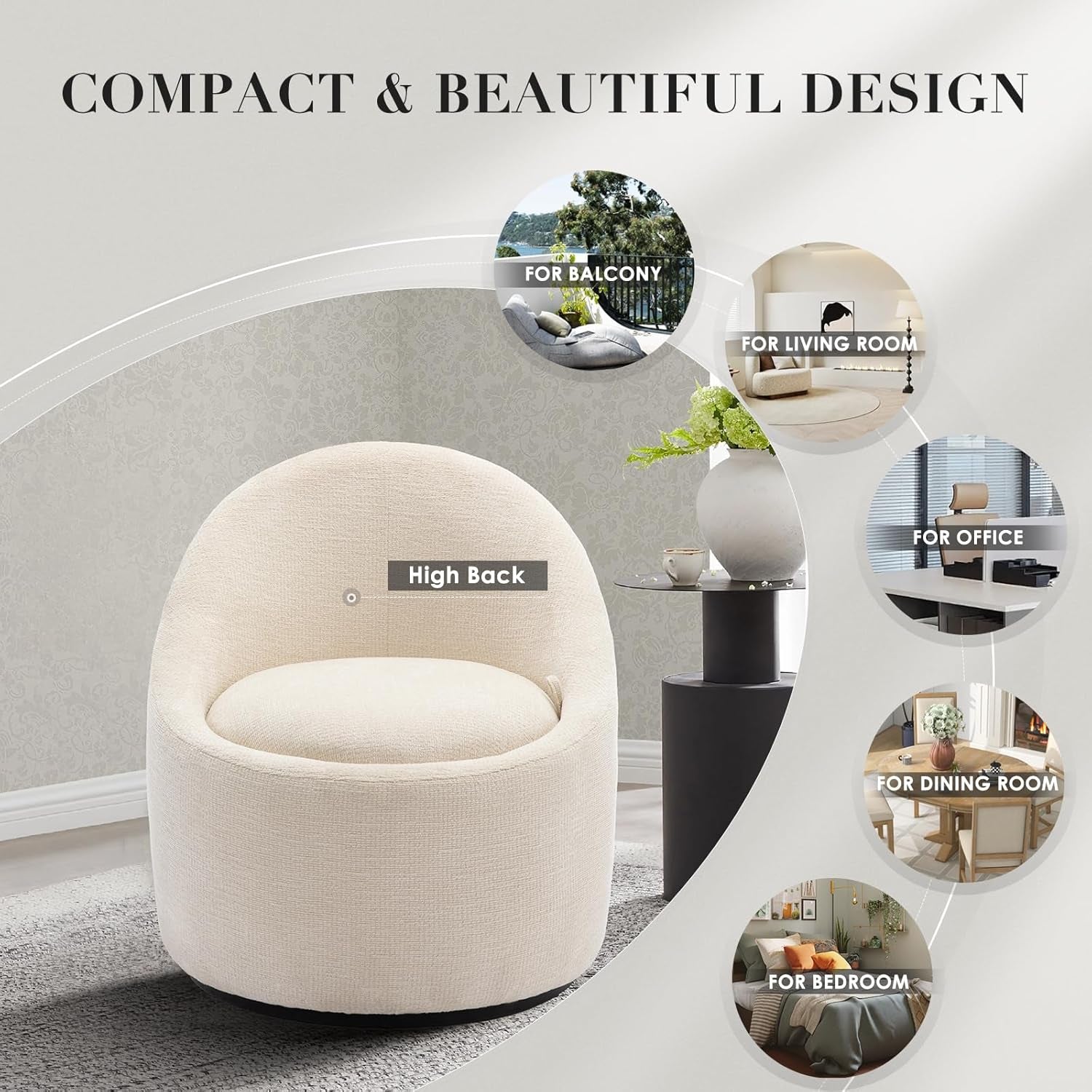 Beige Upholstered 360 Swivel Accent Armchair Storage