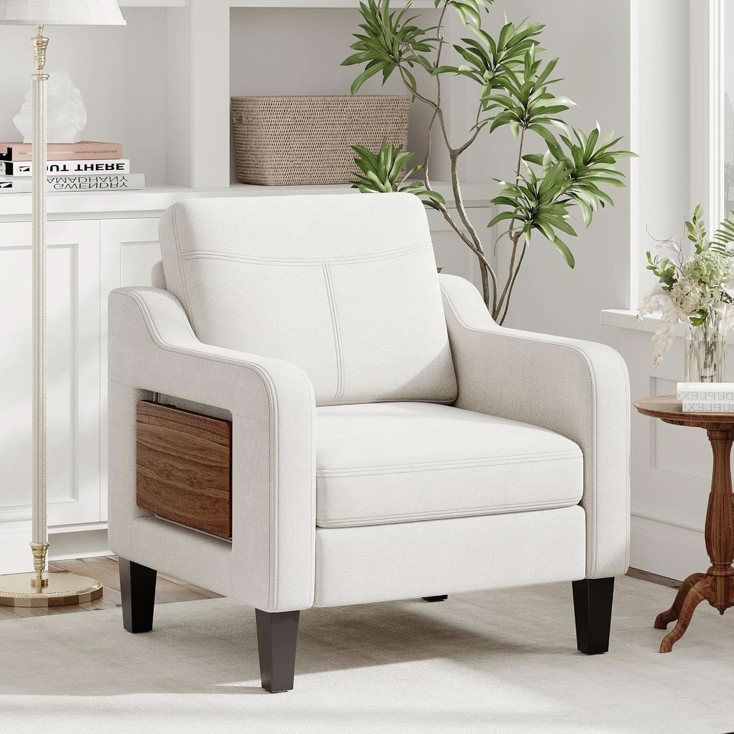 Beige Upholstered Accent Chair Foldable Table Home