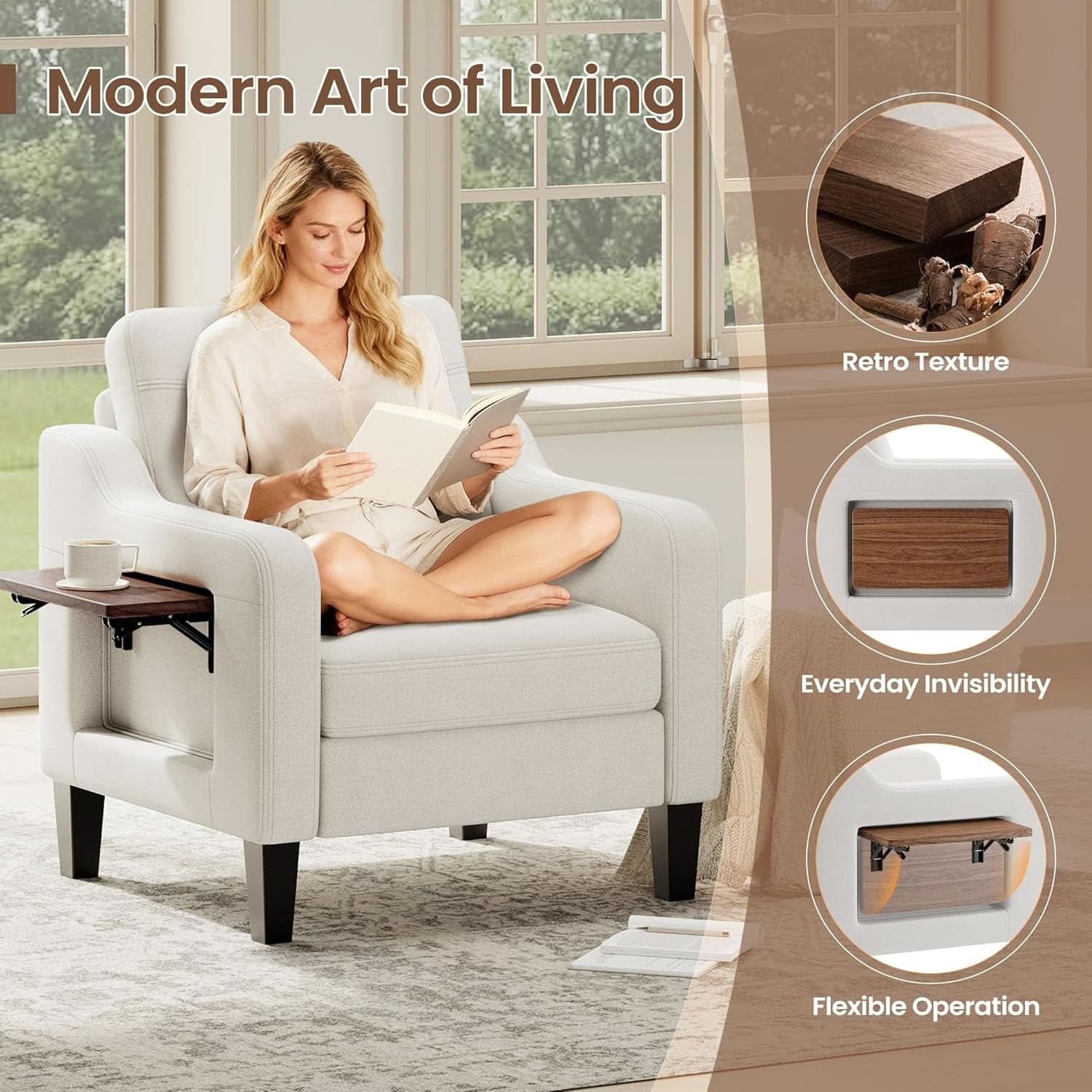 Beige Upholstered Accent Chair Foldable Table Home