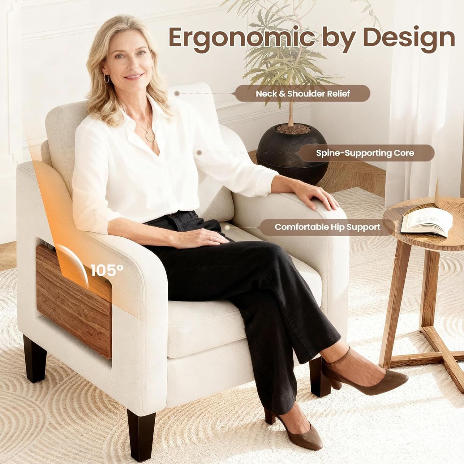 Beige Upholstered Accent Chair Foldable Table Home