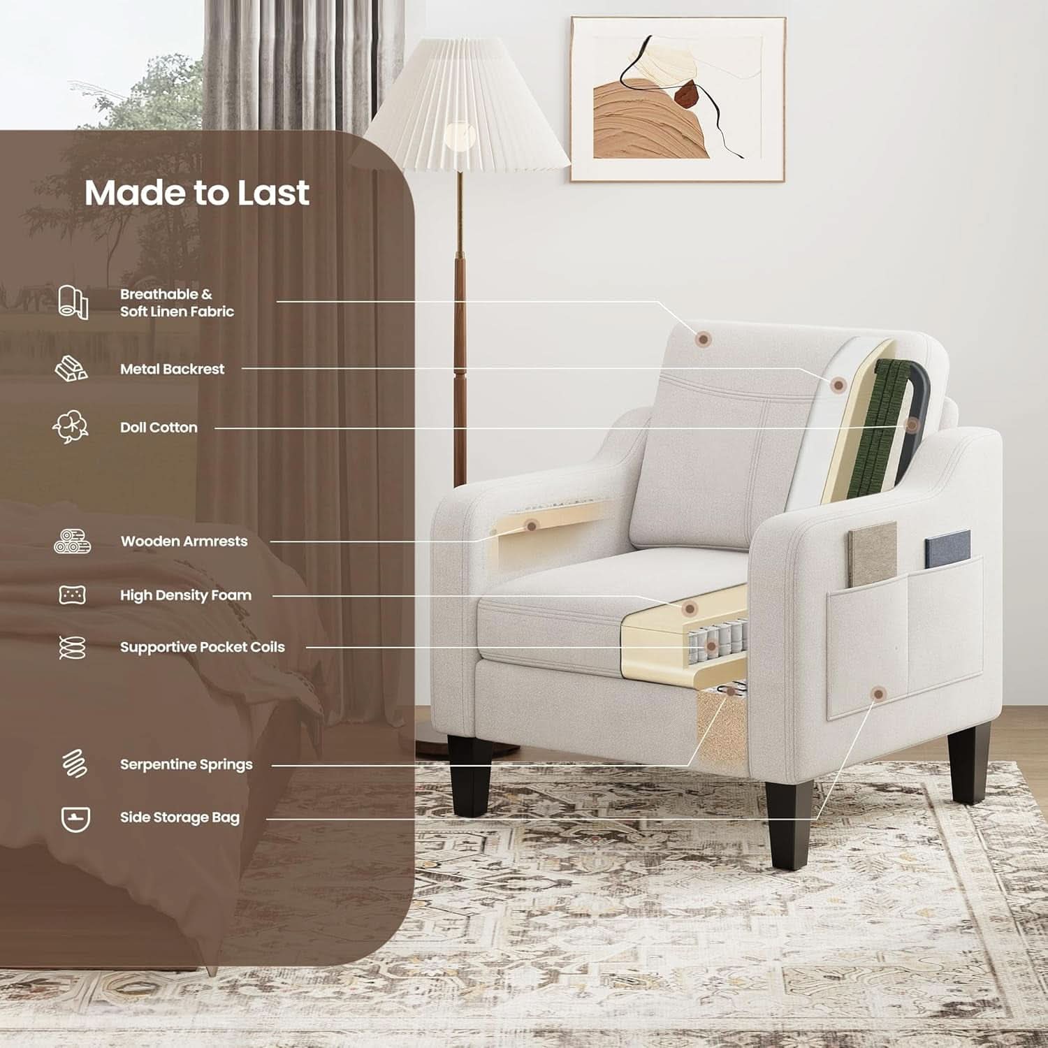 Beige Upholstered Accent Chair Foldable Table Home