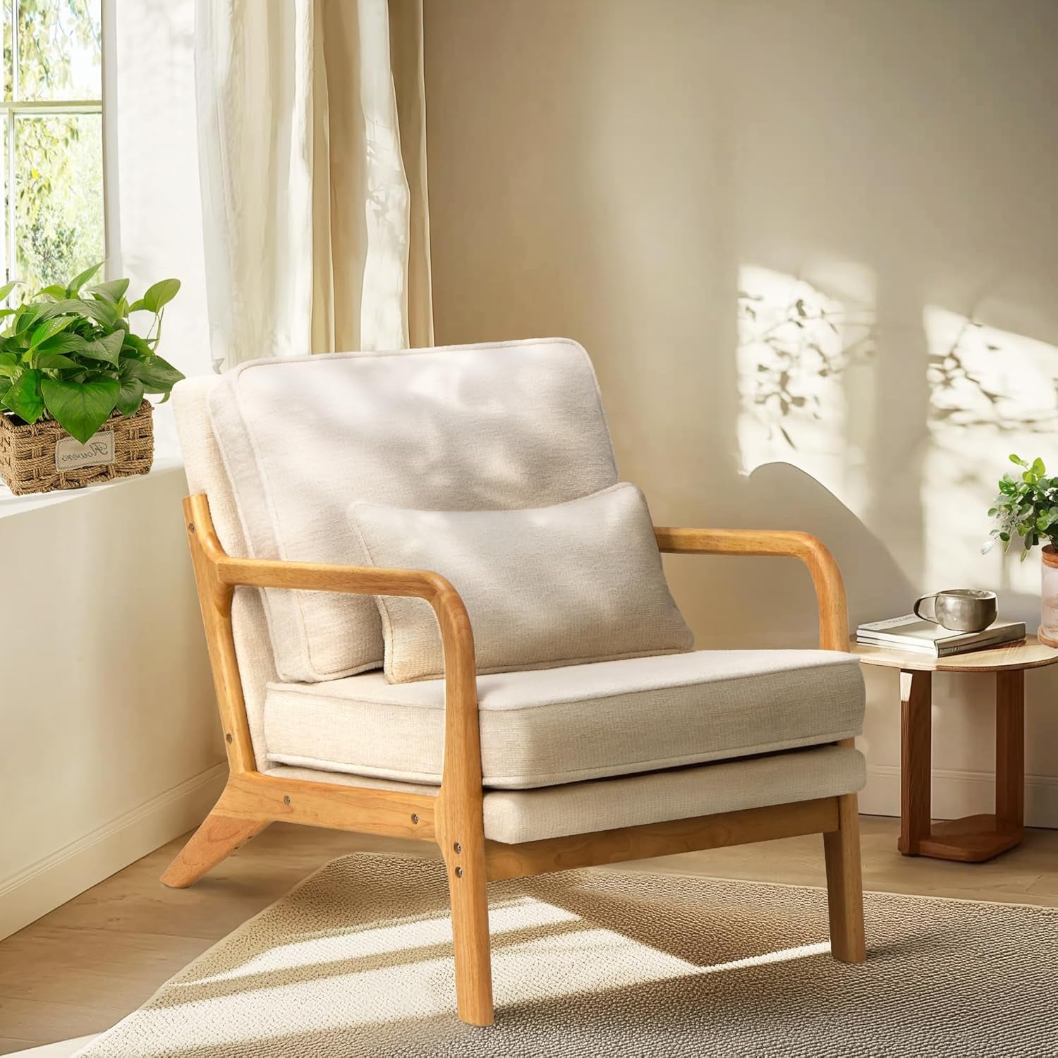 Beige Upholstered Accent Chairs With Lumbar Pillows