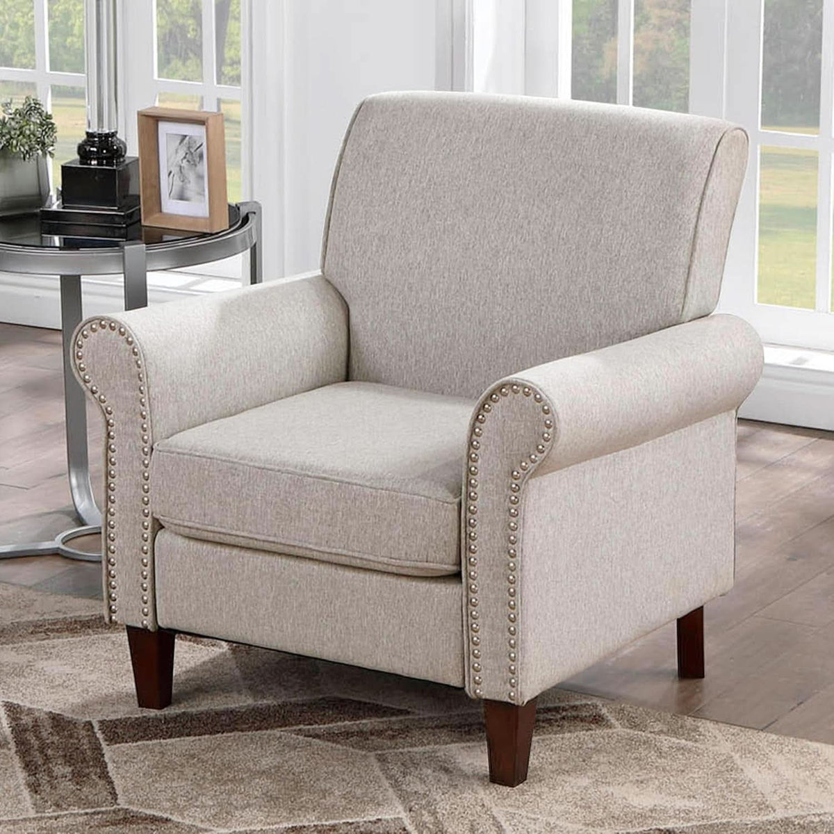 Beige Upholstered Armchair Large With Nailhead Trim