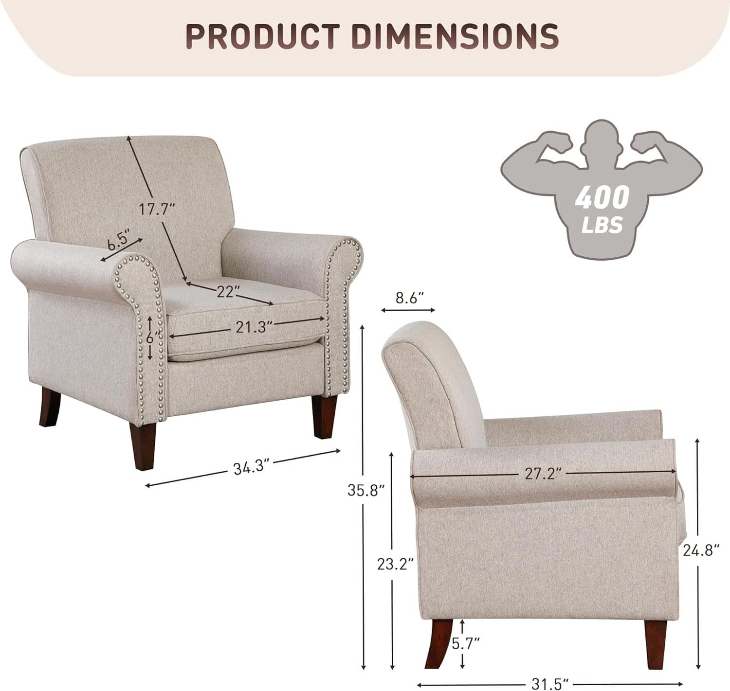 Beige Upholstered Armchair Large With Nailhead Trim
